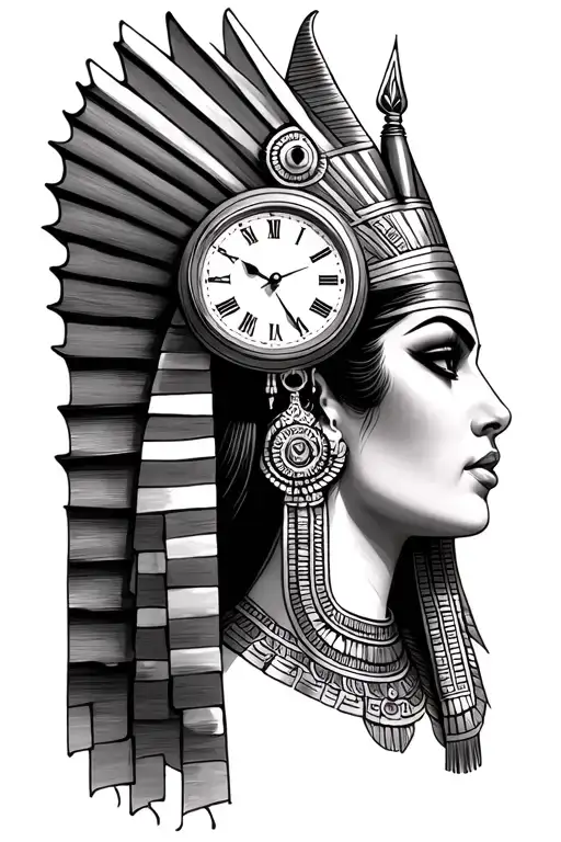 clock and Egyptian female tattoo design idea