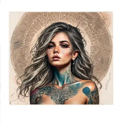 girl with fake-hard-breasts with pierced-nipples tattoo design idea