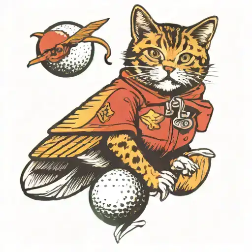A traditional style tattoo of a cat playing with a golf ball, while an eagle flies overhead and a Boy Scout emblem is subtly incorporated, reflecting your diverse passions tattoo design idea