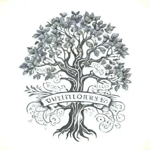 a black tree with my family names: Corey, Cooper Chester, William, Jodie, Wendy tattoo design idea