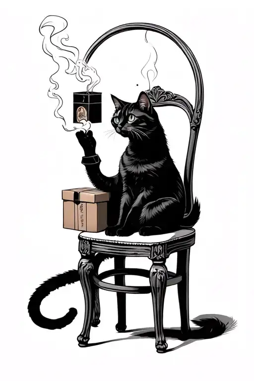 a cat siting on a chair smoking with a long tail and boxes gloves hangged  tattoo design idea