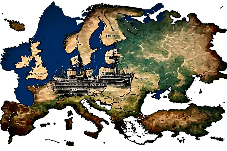 old battle ship and a map of Europe next to it  tattoo design idea