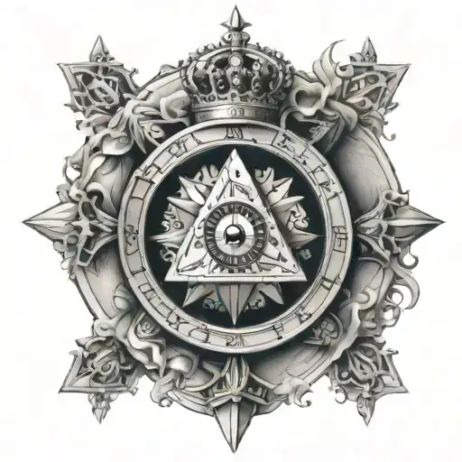 Wheel of fortune, in the center of which is the all-seeing eye in a triangle, a crown on top, swords on the sides and money. tattoo design idea