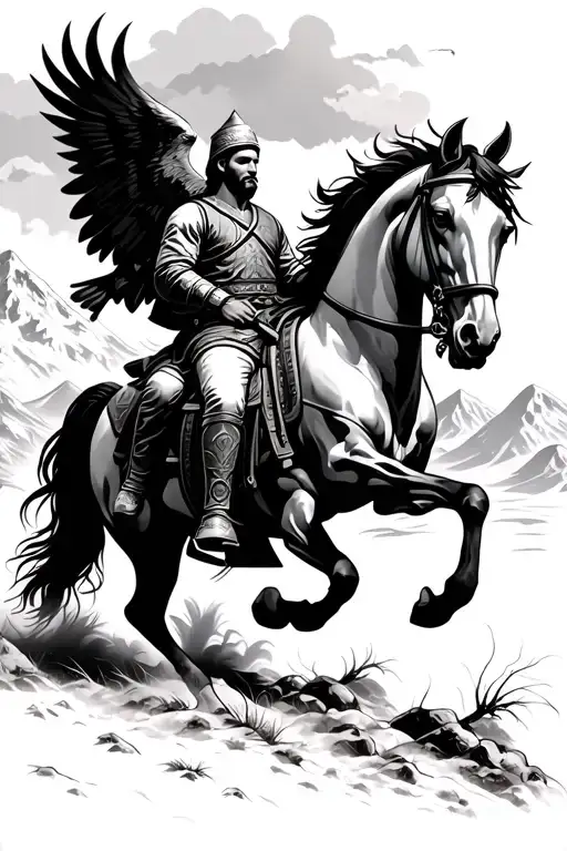 Skanderbeg on a horse with albanian mountains in the back and a eagle in the sky tattoo design idea