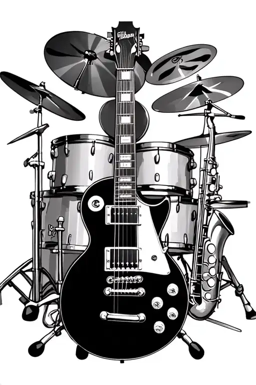 gibson les paul keyboard keys wrapping arond with drum set and a saxophone  tattoo design idea