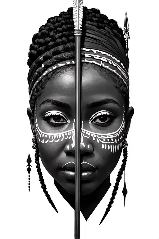 two beautiful African women faces war paint warriors. facing front. spear tattoo design idea