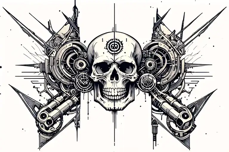 skin, rips, bio, mechanical elements, and skulls leg sleeve tattoo design idea