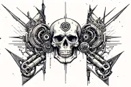 skin, rips, bio, mechanical elements, and skulls leg sleeve tattoo design idea