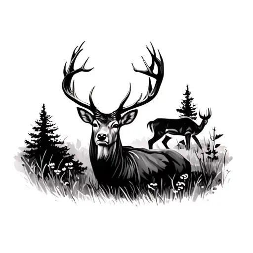 red stag in a nature scene with a black buck standing tattoo design idea