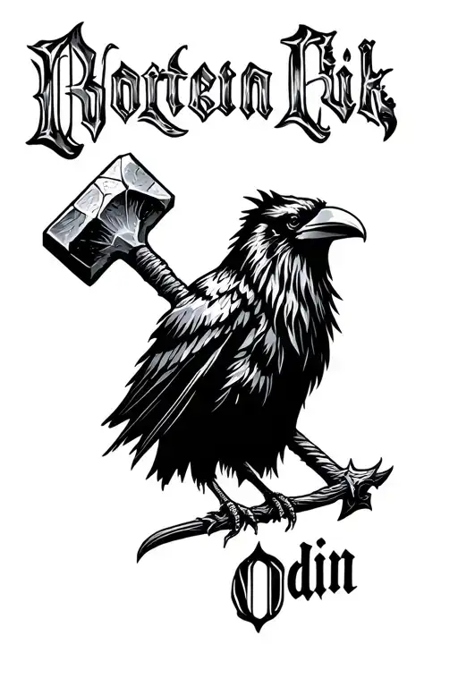 Odin's crow with third hammer and Odin's name incorporated tattoo design idea