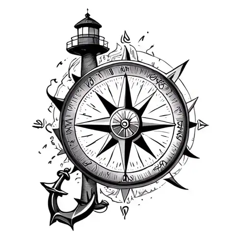 compass, lighthouse, anchor, farngi peni tattoo design idea