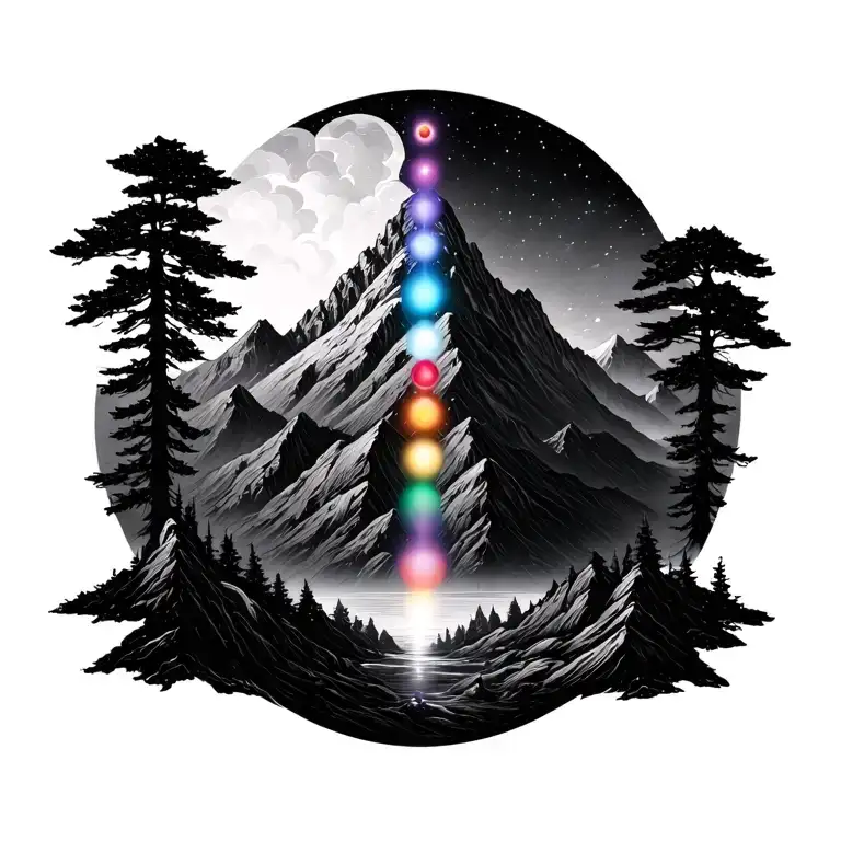 Mountain surrounding chakras / energy centers tattoo design idea