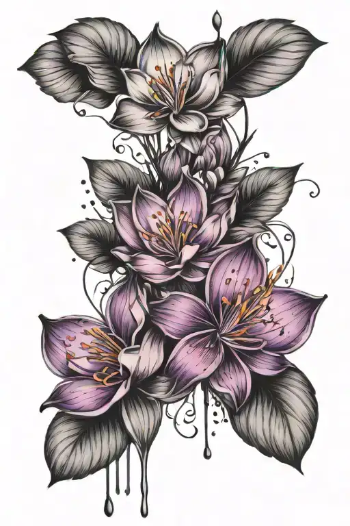 fine line tatto with waterlillys and violet flower bouquet tattoo design idea