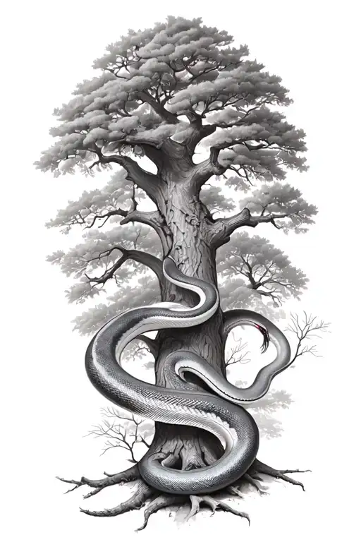 snake wrapped around a full oak tree with branches  tattoo design idea