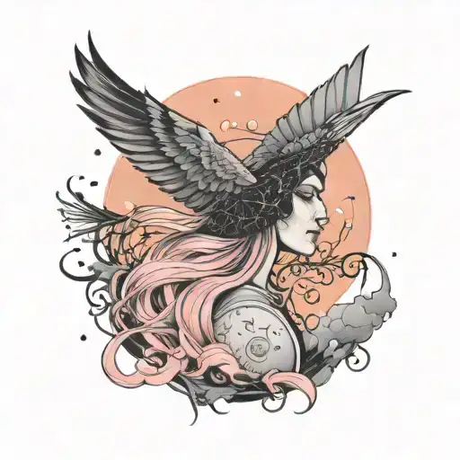 A starry night but at dawn a pink sky, a beautiful orange bird and a beautiful woman face but looking sideways combine  tattoo design idea