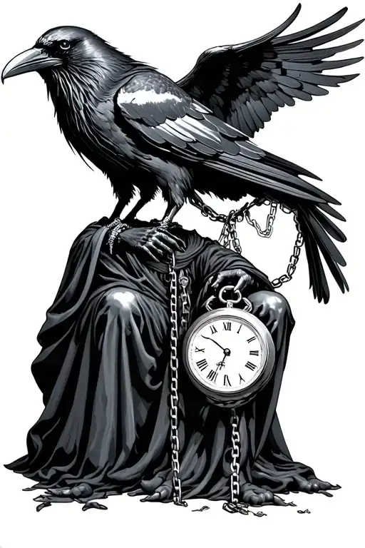 grim reaper full body, Raven sitting on his shoulder, reaper is holding a chain with clock at the end tattoo design idea