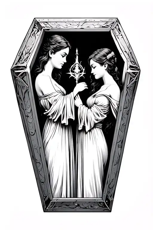 When the wife and daughter of the greatest dark god will find the way back. And then husband and father will rise from the steel coffin. tattoo design idea