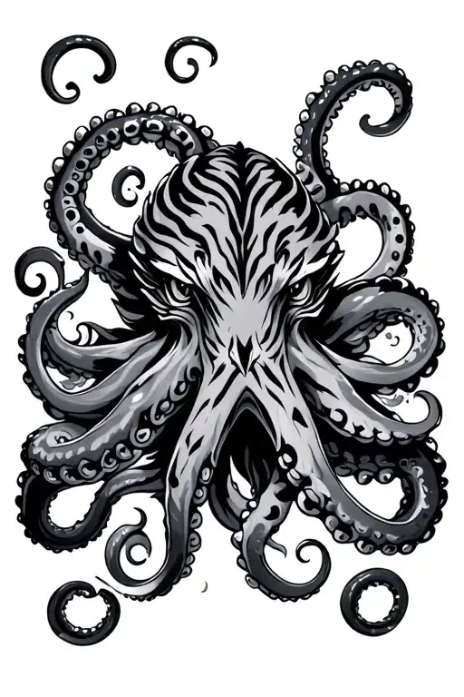 black and gray kraken above helbow centered with octopuss tentacles and tiger stripes patter, rugged skin agressive eyes tattoo design idea