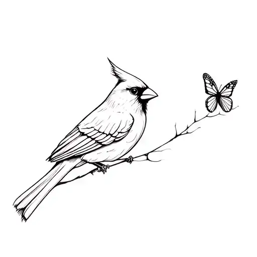 cardinal with small butterfly on its beak  tattoo design idea