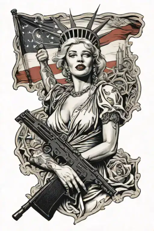 Marilyn monroe as the statue of liberty with a mexican flag around her, a gun, and half dead tattoo design idea
