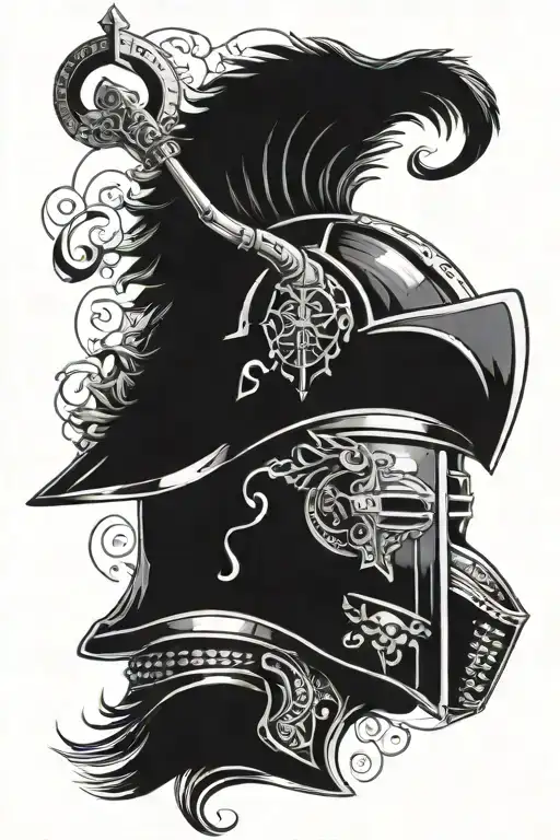 A medieval knight's helmet adorned with musical instruments and travel symbols, representing a journey through time and space tattoo design idea