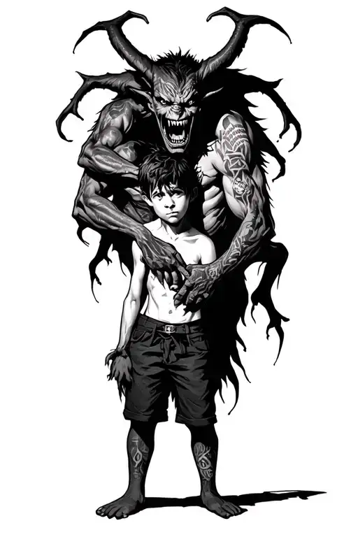a boy standing with a scary demon wrapped around him tattoo design idea