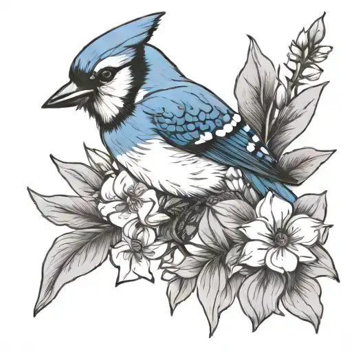 blue jay bird flying, larkspur flower, mountain peak tattoo design idea