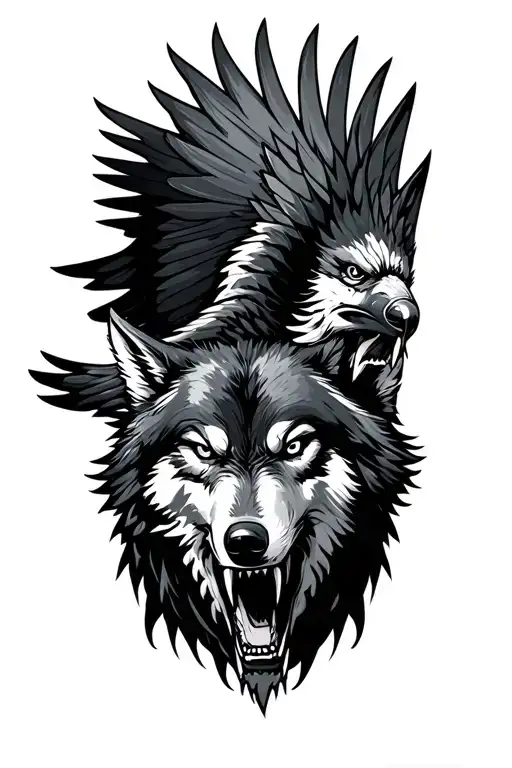 angry wolf and raven soaring tattoo design idea