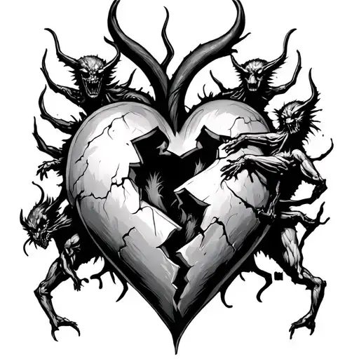 broken heart with demons escaping tattoo design idea