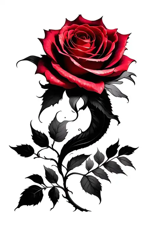 Red rose with petals curling, folding, and overlapping to form the abstract shape of a small dragon.  tattoo design idea