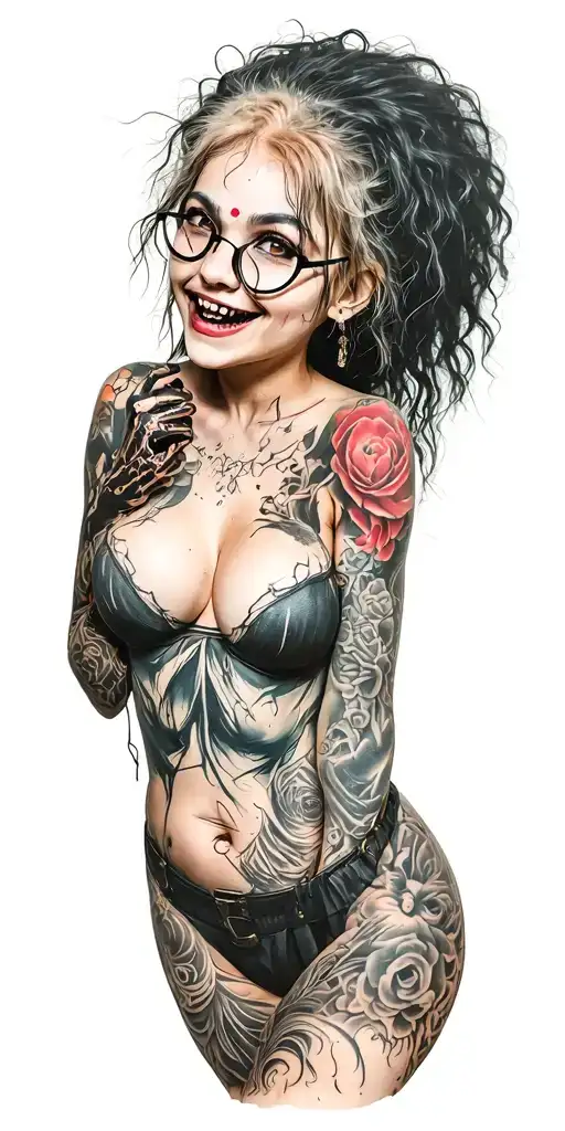 Sexy Pale Girl with hands, chubby, big boobs, wide hips, . Messy hair, indian with wearing spec. big smile.Full Body tattoo design idea