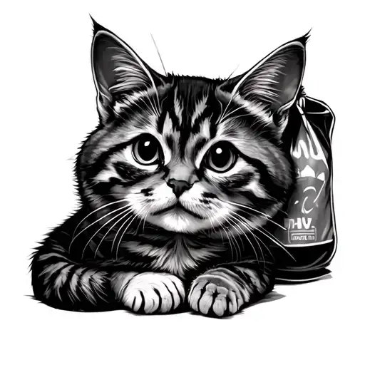 small cat with a bag of ketamine tattoo design idea
