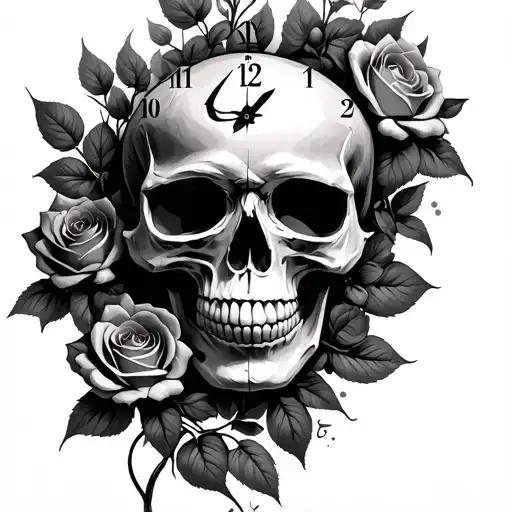 skull profile clock face and roses growing inside tattoo design idea