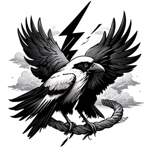 traditional black and white raven split in half by a lightning bolt framed in traditional rope with thunderclouds in the tattoo design idea
