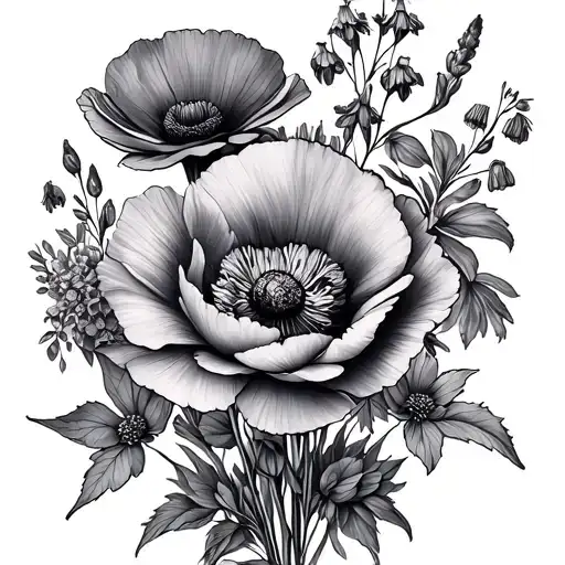 Carnation, poppy, violet, larkspur bouquet tattoo design idea