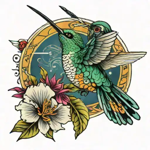 hummingbird flying towards a cicada surrounded by intricate tattoo design idea