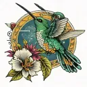 hummingbird flying towards a cicada surrounded by intricate tattoo design idea
