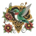 hummingbird flying towards a cicada surrounded by intricate tattoo design idea
