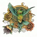 hummingbird flying towards a cicada surrounded by intricate tattoo design idea