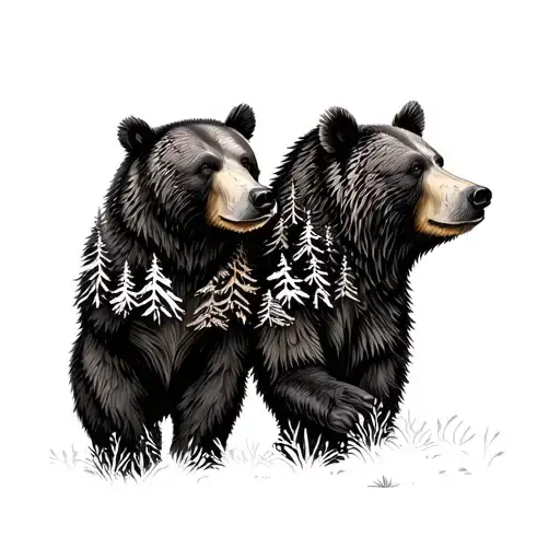 husband and wife correlating tattoos black ink involving forest and bears tattoo design idea