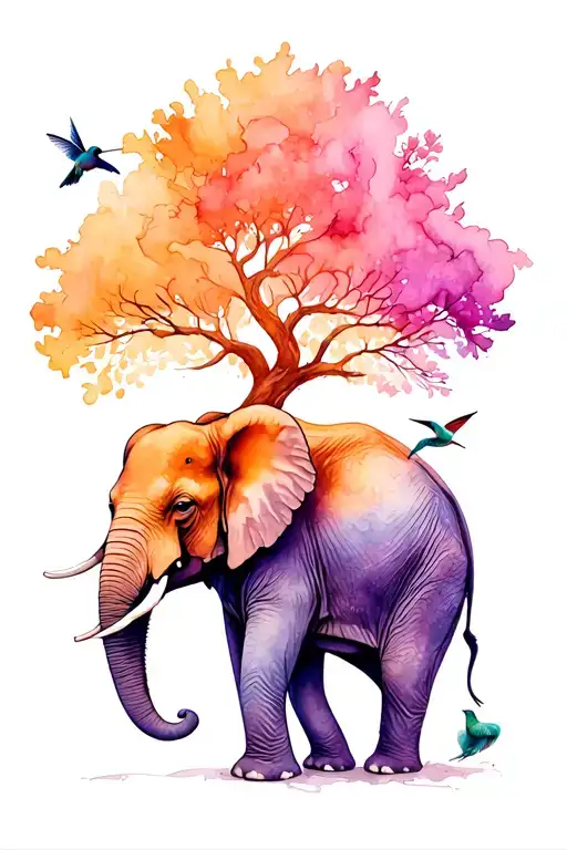 Elephant, hummingbird and gondore tree tattoo design idea