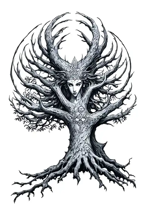 freya norse goddes growing together ygg drasil tree tattoo design idea