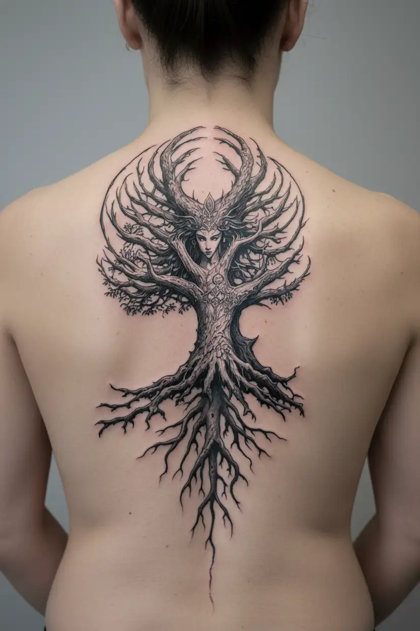 freya norse goddes growing together ygg drasil tree tattoo design idea