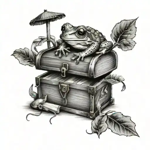 treasure chest, books and frog tattoo design idea