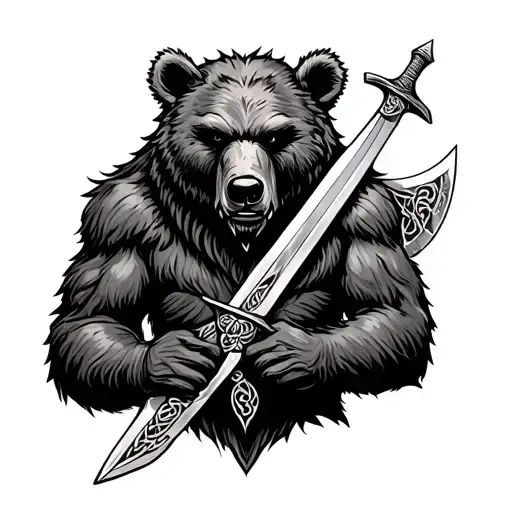 celtic bear tottem with sword and axe on forearm tattoo design idea