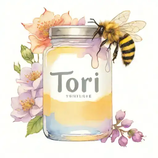 Honey pot with bee line spelling Tori tattoo design idea