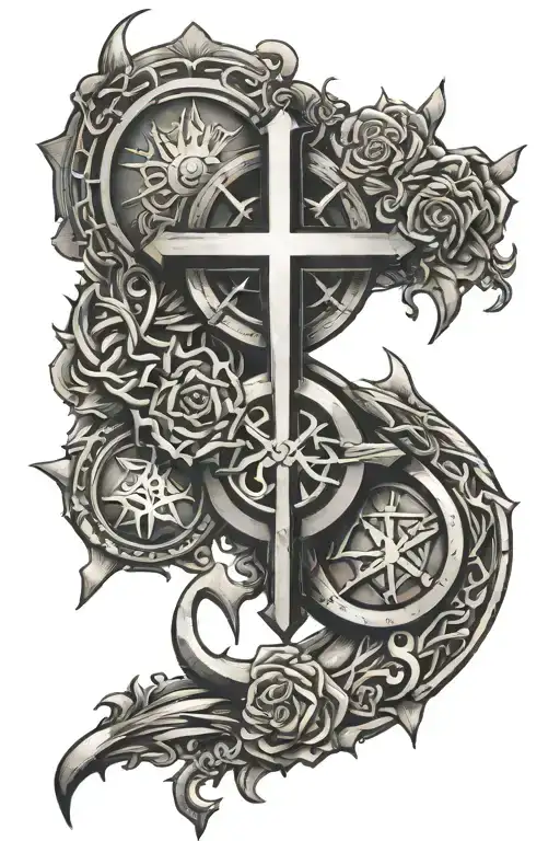 Religious symbols integrated tattoo design idea