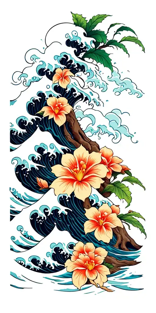 Hawaii, waves, family tree intertwined tattoo design idea
