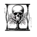 black engraving, Hourglass, skull inside the upper part of the hourglass, tree in the lower part of the hourglass tattoo design idea