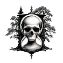 black engraving, Hourglass, skull inside the upper part of the hourglass, tree in the lower part of the hourglass tattoo design idea